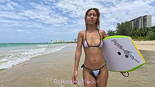 big bush body boarding beach babe shows it all