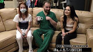 blaire celeste sucks two dicks then gets blasted with cum