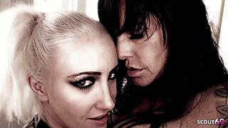 Slim blonde gets hard strapon fuck by mature