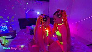 sasha tatcha and madison steele shine in body paint for neon threeway