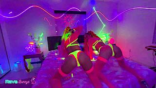sasha tatcha and madison steele shine in body paint for neon threeway