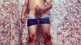 novinho shows big cock under underwear outdoors