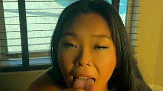 sexy asian girl giving handjob and blowjob huge cumshot