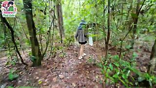 thai teen shows pussy while picking berries in forest