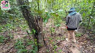 thai teen shows pussy while picking berries in forest