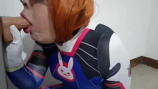 trans girl with dva cosplay and bdsm nosehook giving a blowjob eating cum and deepthroat to big dildo