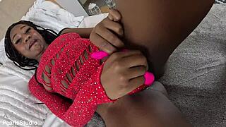 Ebony model marcela in red dress cum covered on tits