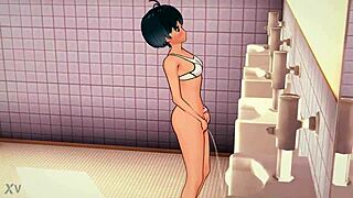 almost naked girl pisses in bathroom