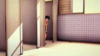 almost naked girl pisses in bathroom