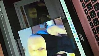 Tribute five sub jerking his cum over his laptop over my ass pic