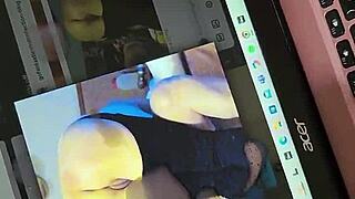 Tribute five sub jerking his cum over his laptop over my ass pic