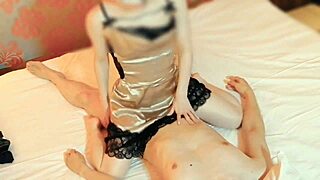 japanese wife in gold lingerie rides and sucks