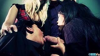 Three bisexual girls worship his cock deeply