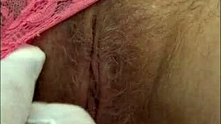 Tight blonde rubs and licks hairy pussy