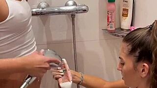 lesbian shower turns into sloppy double blowjob and facial