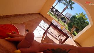 Stepmom jerked off right on the terrace