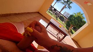 Stepmom jerked off right on the terrace