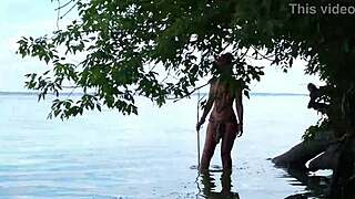 fishing with harpoon in topless