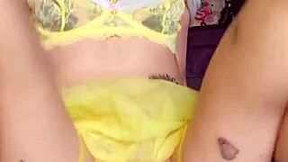 sexy sara jumping on dick wearing sexy yellow lingerie cuming naked