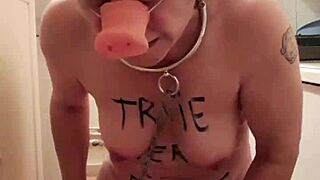 Female slave performs self-submission session in sow mode, embracing whore bdsm slut role