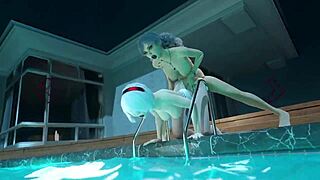 Plíží se pryč na páru futa sex u bazénu v noci