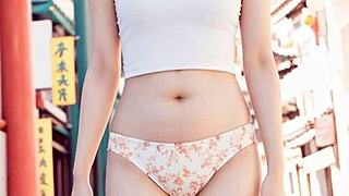 チャイナタウンのランジェリーモデルが可愛い足とパンティをセクシーに披露！